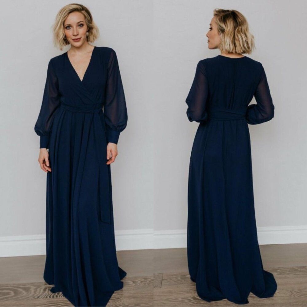 Baltic Born navy blue Lydia v-neck long sleeve full length formal maxi dress